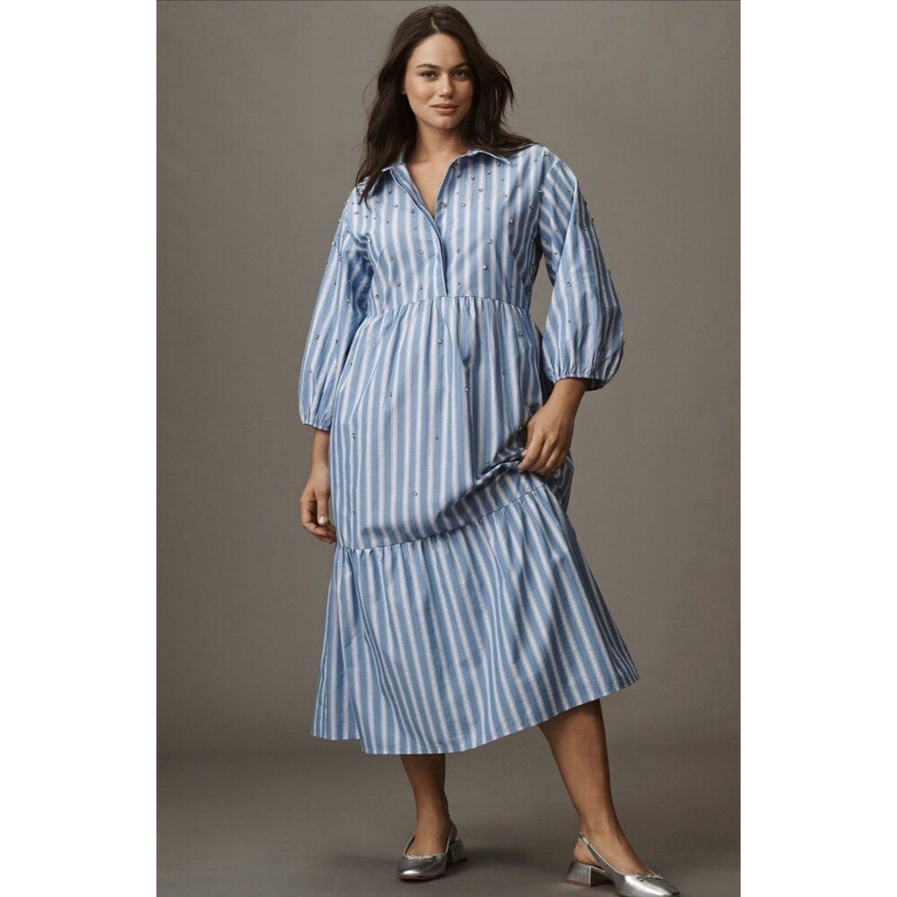 Anthropologie Maeve Shirt Dress Blue Bettina Embellished Preppy Size 1X Plus NWT